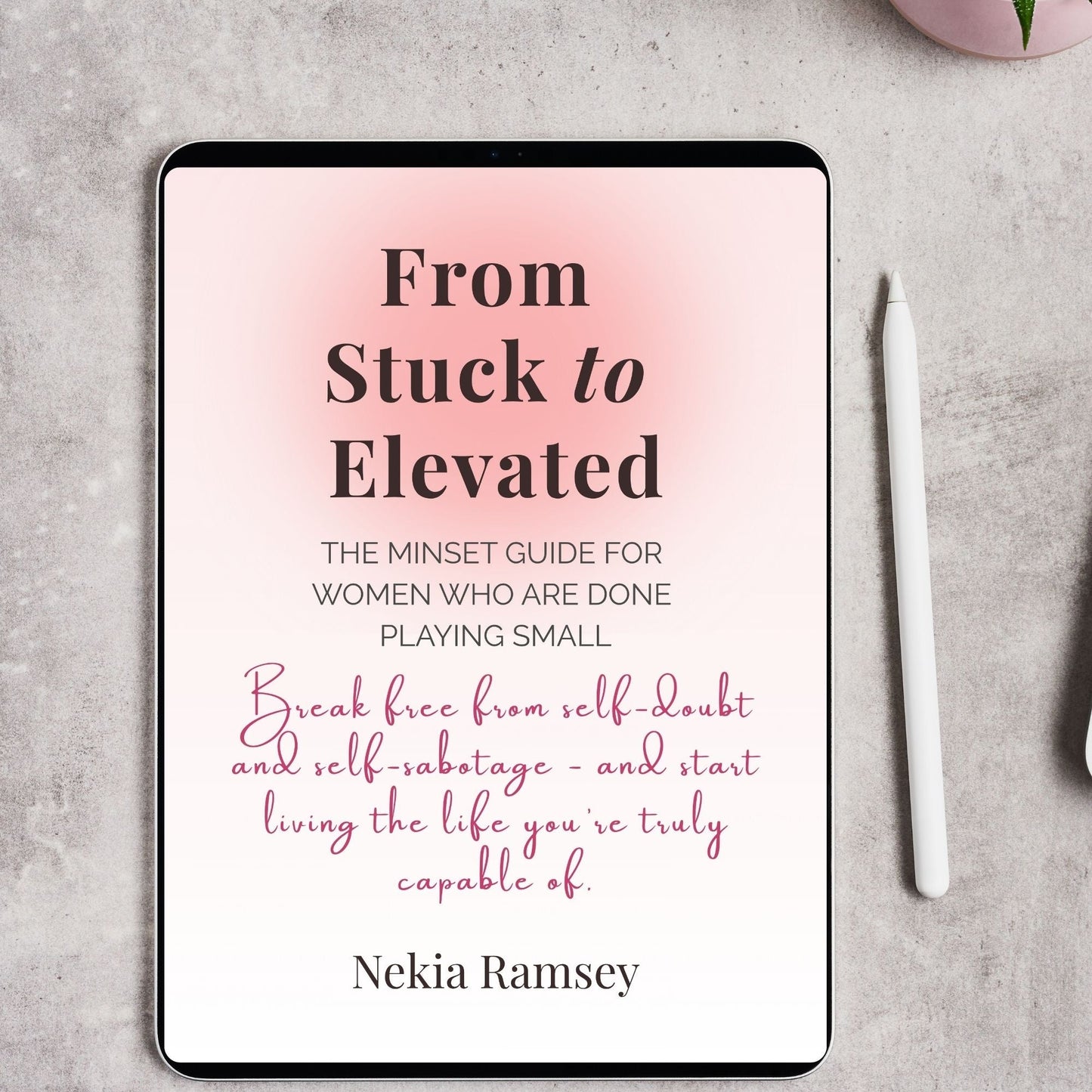 Flat lay image of a feminine workspace with From Stuck to Elevated open on screen, a plant, and white pen — inspiring self-growth and reflection.