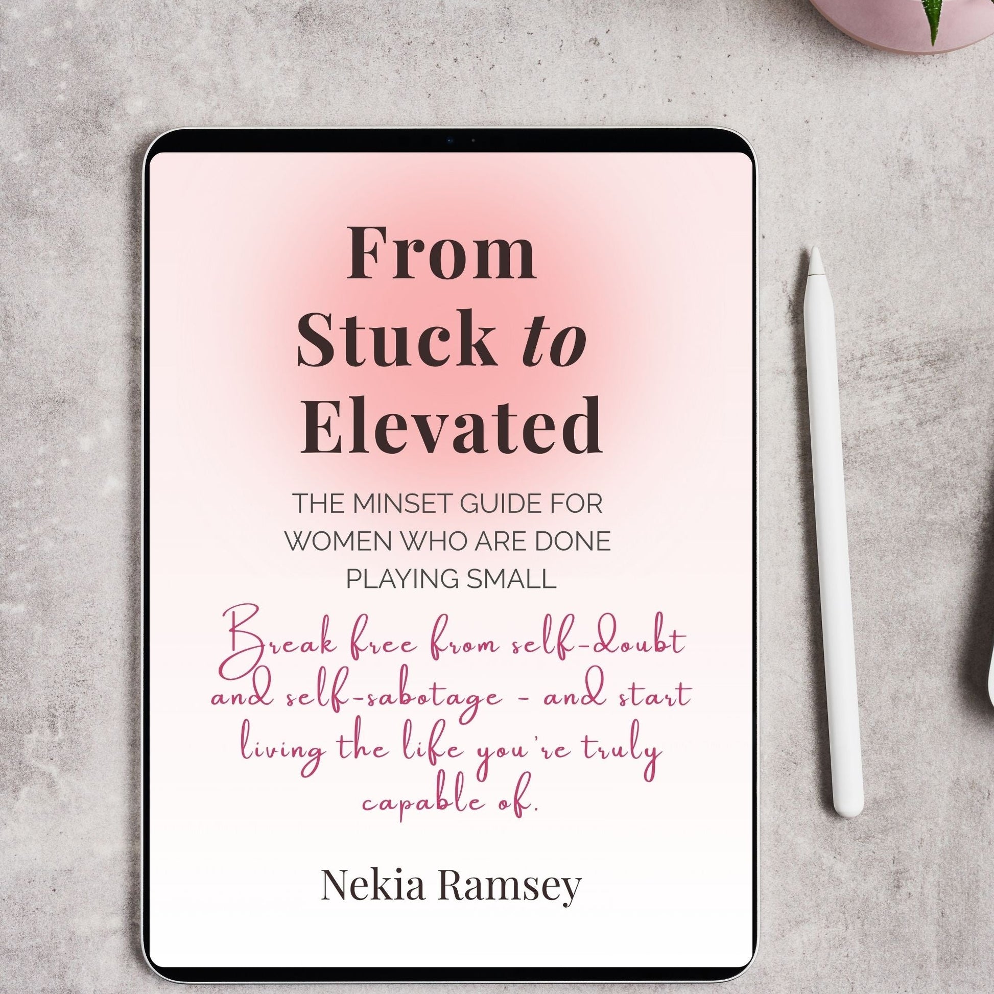 Flat lay image of a feminine workspace with From Stuck to Elevated open on screen, a plant, and white pen — inspiring self-growth and reflection.